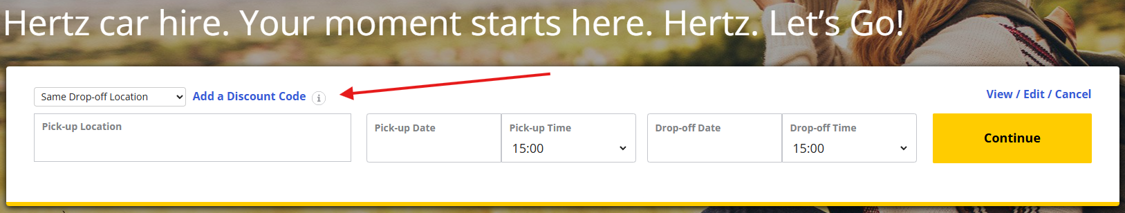 Hertz car rental booking form with fields for drop-off location, discount code, pickup location, dates, and times.