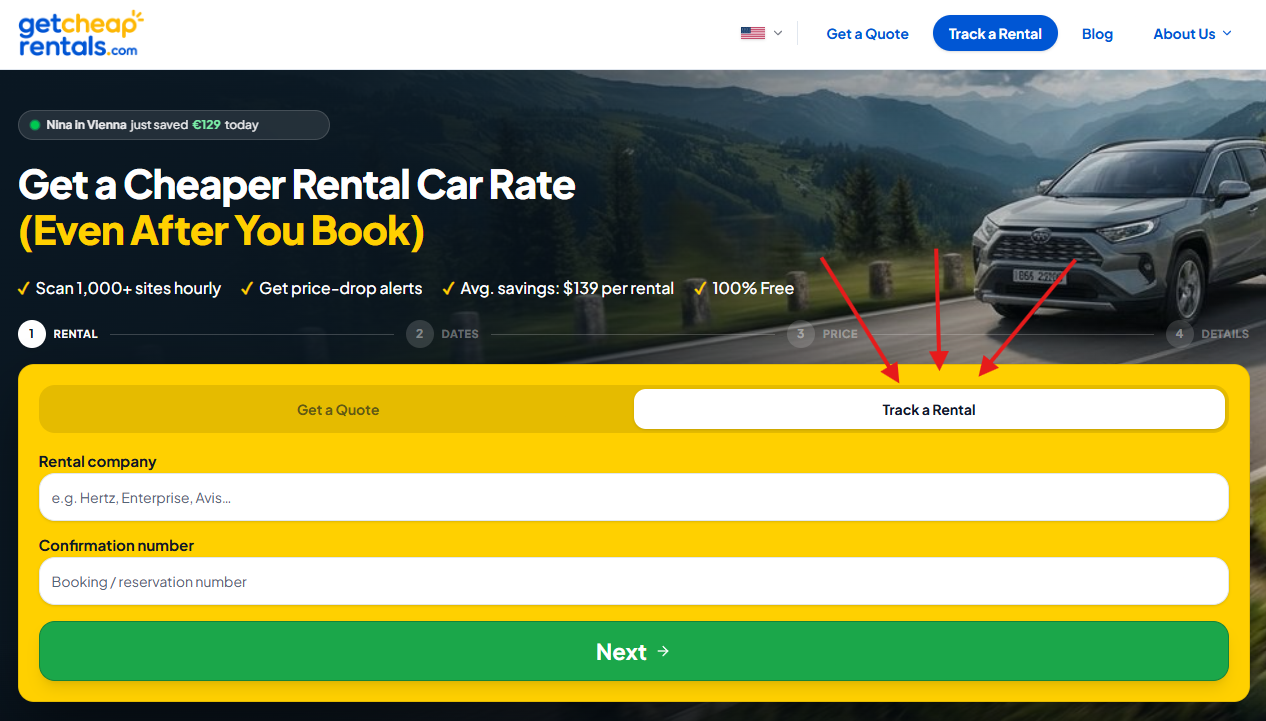 Screenshot of GetCheapRentals website, featuring a search form to track rental cars, with fields for rental company and confirmation number, and a button to get a quote.