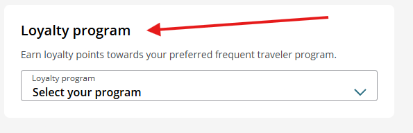 A webpage section displaying 'Loyalty program' with an arrow pointing to a dropdown menu for selecting a preferred frequent traveler program.