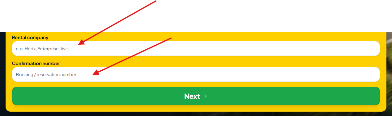Input fields for rental company and confirmation number on a booking form