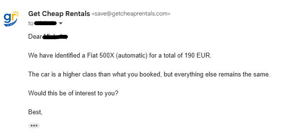 Email notification from Get Cheap Rentals regarding a Fiat 500X rental option at a cost of 190 EUR.