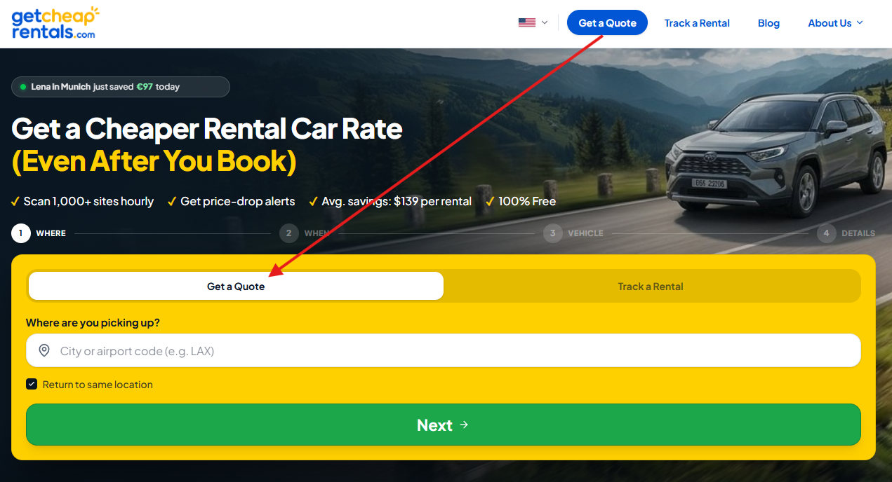 Screenshot of the GetCheapRentals.com website showing the 'Get a Quote' button for car rentals, with a prompt to enter pickup location and options to track a rental.