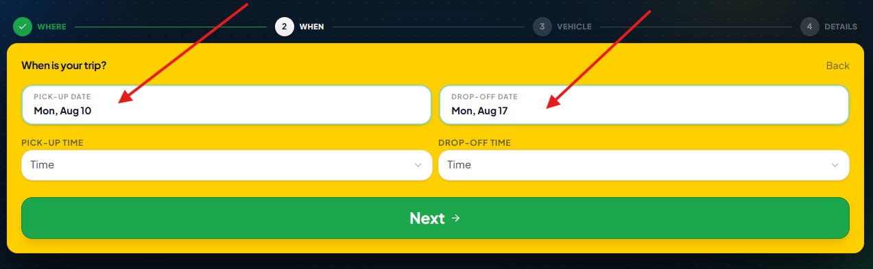 Date selection interface for a trip reservation, showing pick-up date as 'Mon, Aug 10' and drop-off date as 'Mon, Aug 17'.