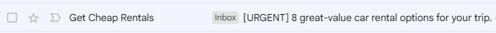 Email notification for cheap car rental options with an urgent subject line.