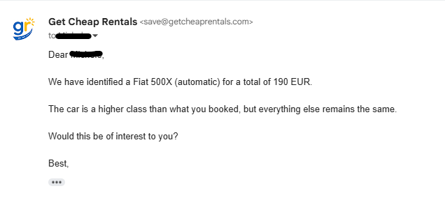 Email from Get Cheap Rentals regarding a rental car offer for a Fiat 500X automatic for 190 EUR.