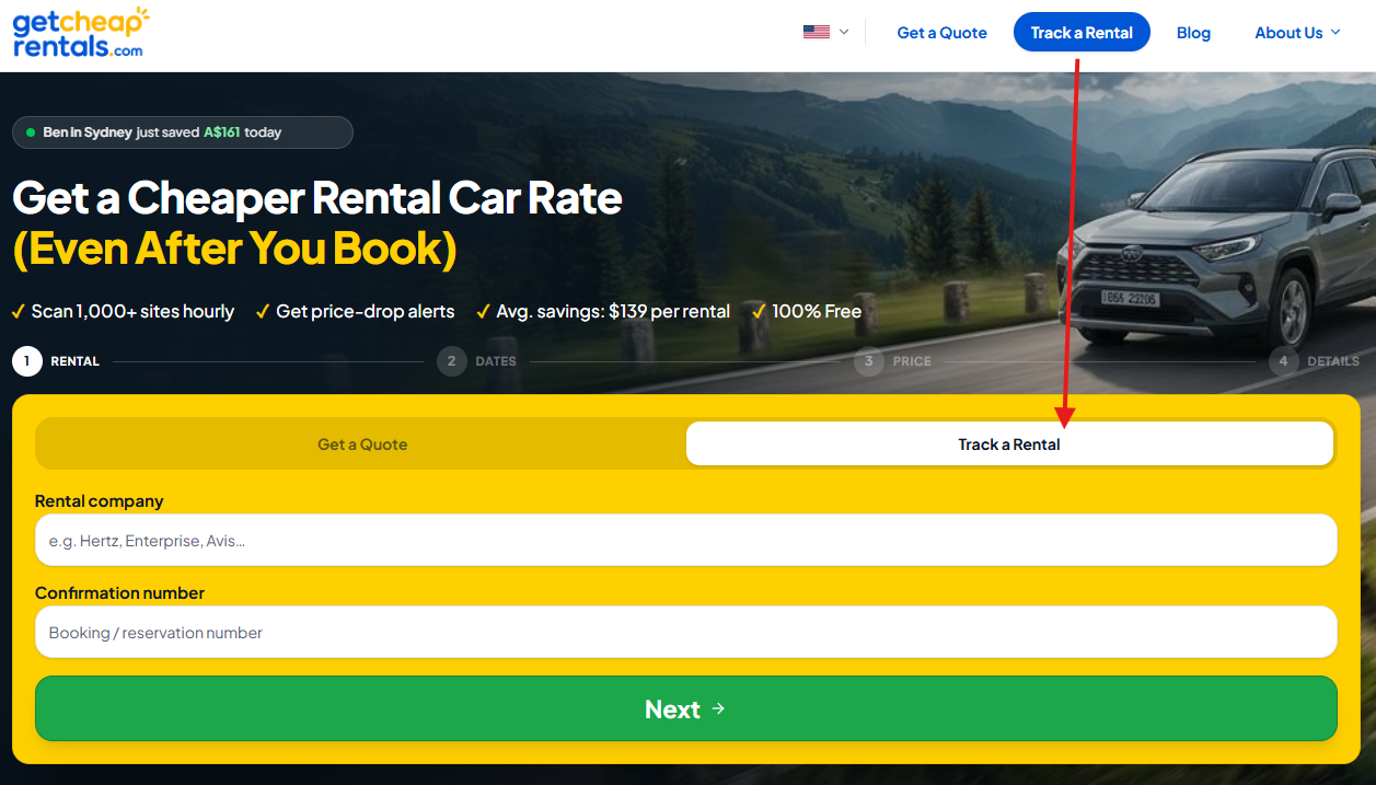 A webpage from GetCheapRentals.com featuring a rental car booking interface and a scenic background. It highlights a message about saving on rental rates and includes fields for rental company and confirmation number.